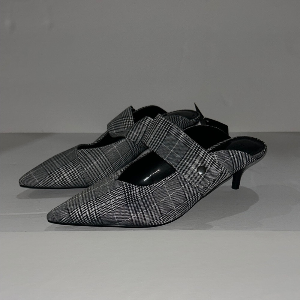 Forever 21 White, Black and Gray Plaid Pointed-Toe Kitten Heels Mules